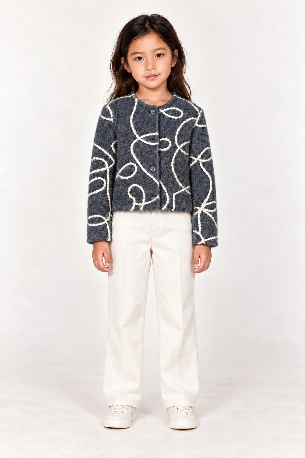 VOLUTE — Veste enfant en laine à motifs en relief, bleu ardoise, vue de face