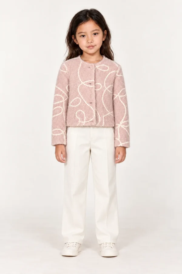 VOLUTE — Veste enfant en laine à motifs en relief, rose poudré, vue de face