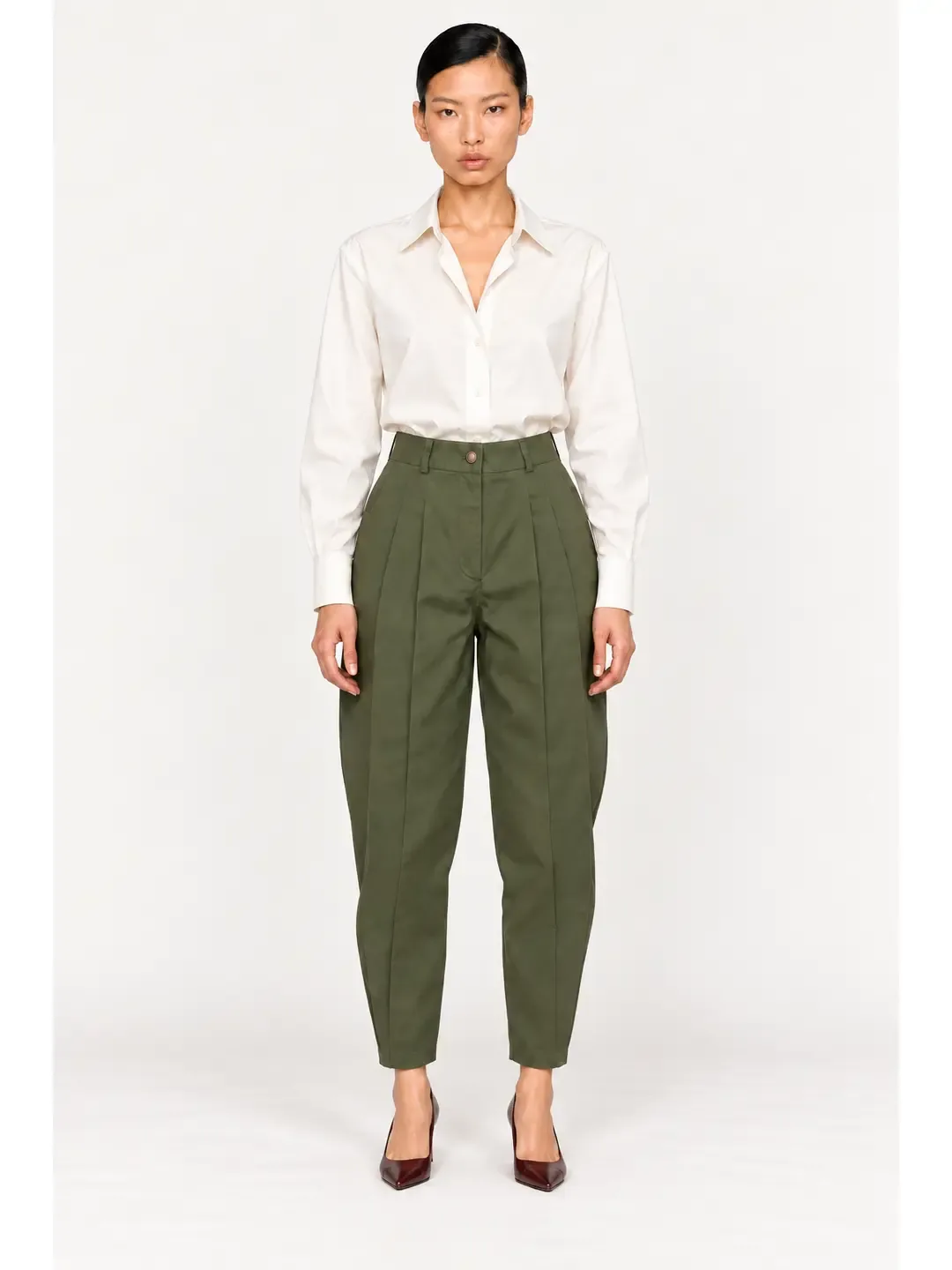 OLIVIER — Pantalon ballon vert en toile de coton, vue de face