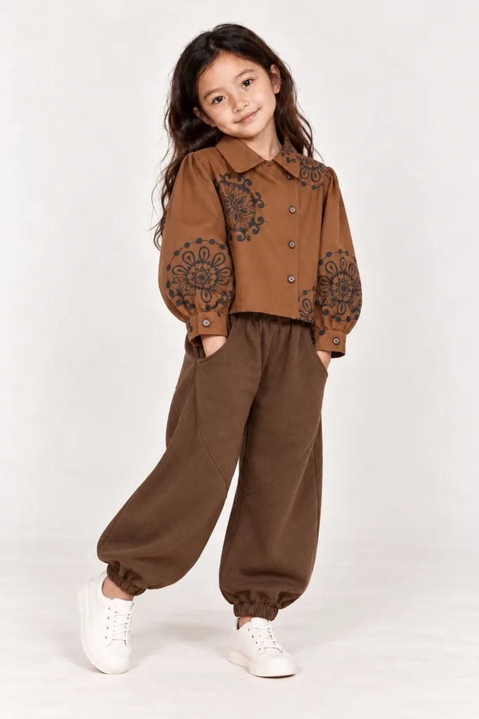 FLORA, chemise enfant brodée, et TERRE, pantalon ballon enfant en cachemire, GABY by MAISON LACERF