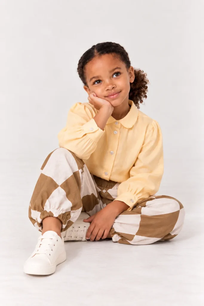 SOLEIL, chemise enfant jaune à dos froncé, et DAMIER, pantalon ballon enfant en lin, GABY by MAISON LACERF